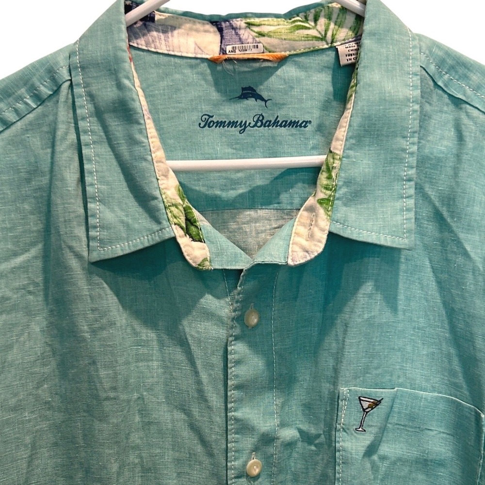 Tommy Bahama Linen Shirt 3XLB Mens Aqua Martini Glass Long Sleeve Button Front